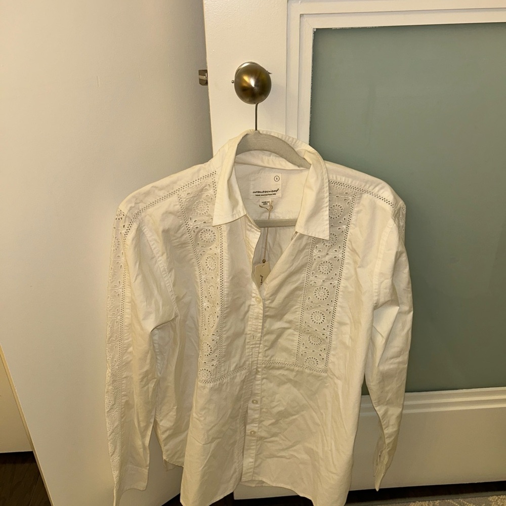 White Eyelet-Panel Women's Button-Up Blouse